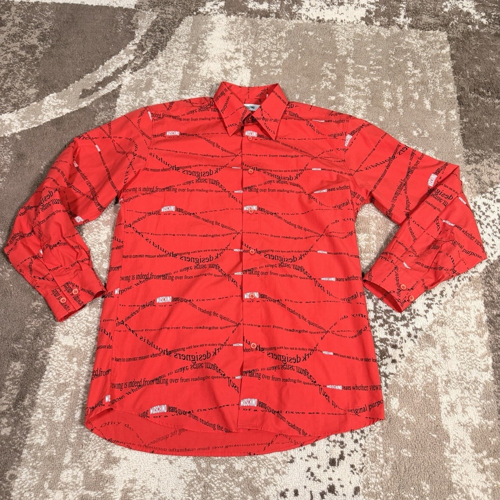 Vintage‎ Y2K Moschino Jeans Men's Medium Red Graphic Print Button-Up Shirt Italy